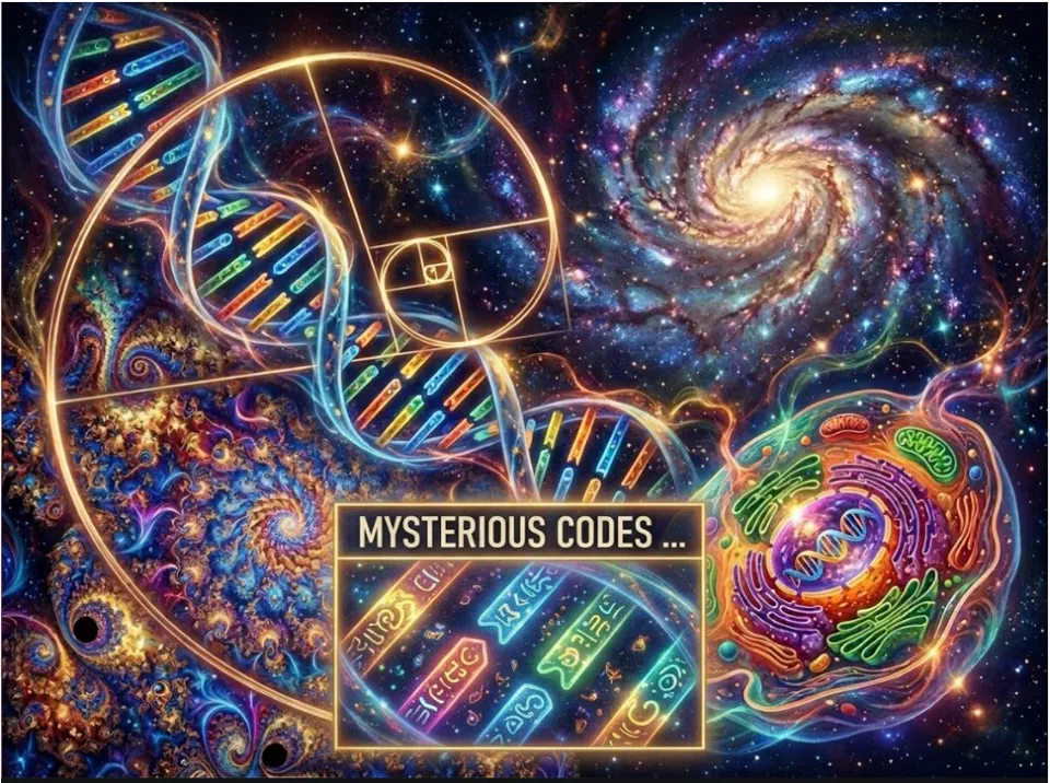 Mysterious codes visual with DNA, spiral geometry, neural forms, and cosmic structure