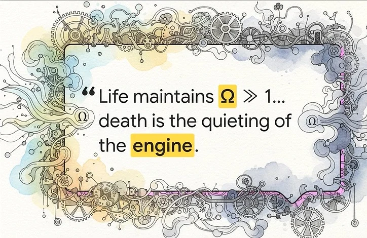 Life maintains Omega much greater than one, death is the quieting of the engine.