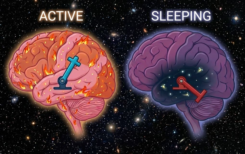Diagram of sleep and wake ON-OFF switch showing VLPO, arousal systems, orexin, sleep pressure, and circadian input