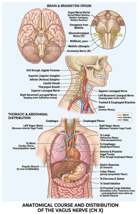 Anatomical distribution and course of the vagus nerve from brainstem to organs