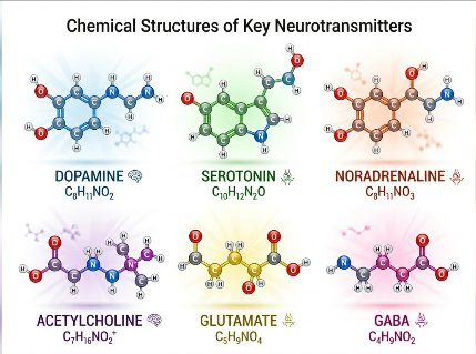 Chemical structures of dopamine, serotonin, norepinephrine, and related neurotransmitters